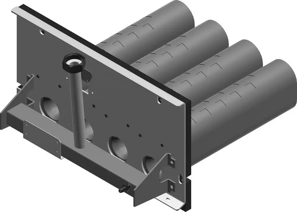 Bosch Brennrost mit drei runden Kammern und einer vertikalen Verbindung, montiert auf einer flachen Platte mit seitlichen Befestigungselementen.